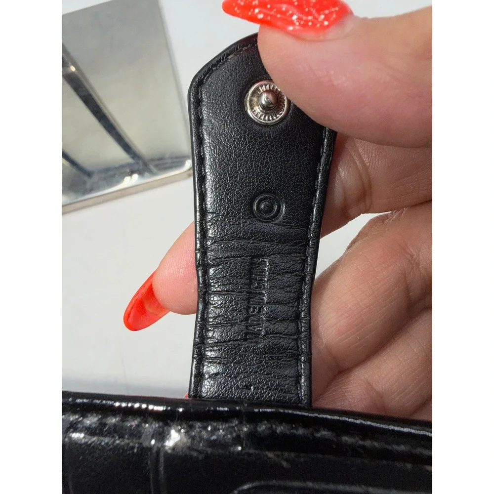 Coach Signature Jacquard Slim Bifold Wallet Black Patent Trim Snap Closure